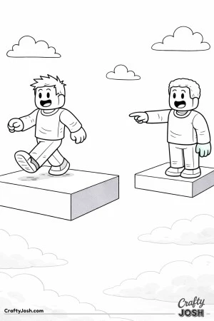 A playful Roblox-inspired scene showing one avatar confidently stepping the wrong way on floating platforms while a friend points toward the correct ..
