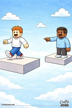 A playful Roblox-inspired scene showing one avatar confidently stepping the wrong way on floating platforms while a friend points toward the correct ..