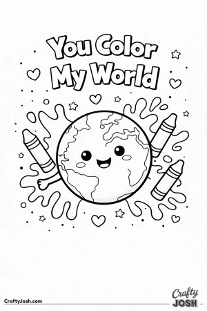 This cheerful Valentine’s Day coloring page features a smiling globe surrounded by crayons and playful paint splashes with the message “You Color ..