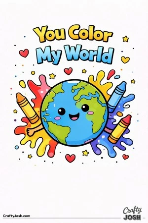 This cheerful Valentine’s Day coloring page features a smiling globe surrounded by crayons and playful paint splashes with the message “You Color ..