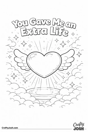 This sweet Valentine’s Day coloring page features a heart-shaped extra life icon with wings floating among clouds and sparkles alongside the phrase ..