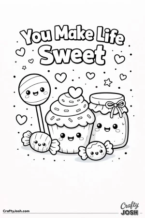 This sweet Valentine’s Day coloring page features a group of smiling treats with the cheerful message “You Make Life Sweet.”