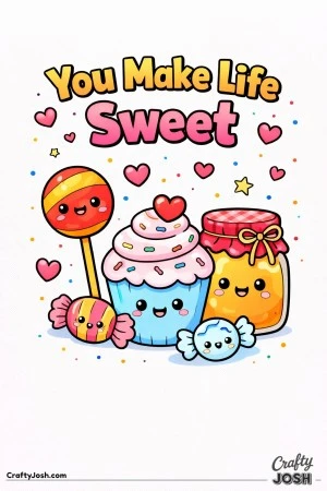 This sweet Valentine’s Day coloring page features a group of smiling treats with the cheerful message “You Make Life Sweet.”