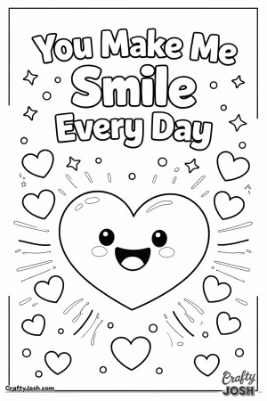 This sweet Valentine’s Day coloring page features a smiling heart and the cheerful message “You Make Me Smile Every Day.”