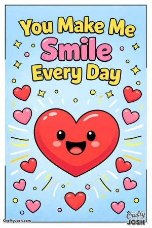 This sweet Valentine’s Day coloring page features a smiling heart and the cheerful message “You Make Me Smile Every Day.”