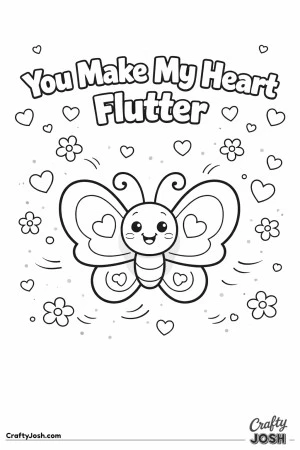 This cheerful Valentine’s Day coloring page features a cute butterfly with heart-shaped wings and a sweet “You Make My Heart Flutter” message.
