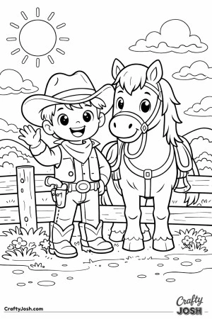 Yeehaw! This happy young cowboy is waving hello while standing proudly beside his trusty horse on a sunny day.