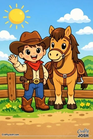 Yeehaw! This happy young cowboy is waving hello while standing proudly beside his trusty horse on a sunny day.