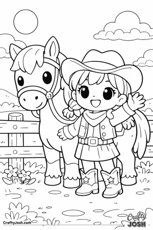 A cheerful cowgirl waves hello beside her friendly horse on a sunny ranch day.