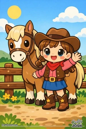 A cheerful cowgirl waves hello beside her friendly horse on a sunny ranch day.