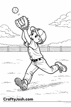 A young baseball outfielder runs backward with a raised glove, watching a high fly ball overhead in the open outfield with a fence and clouds in the ..