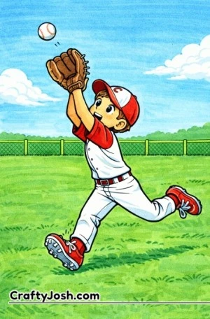 A young baseball outfielder runs backward with a raised glove, watching a high fly ball overhead in the open outfield with a fence and clouds in the ..