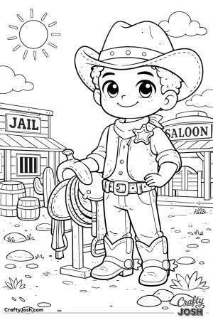 This cheerful young sheriff is ready for a day of Wild West adventure, standing proudly beside his trusty saddle.