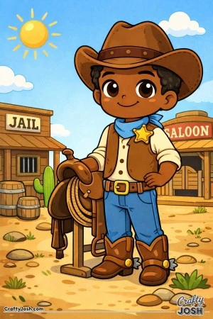 This cheerful young sheriff is ready for a day of Wild West adventure, standing proudly beside his trusty saddle.
