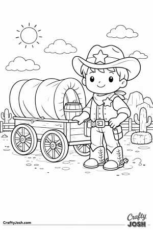A friendly young sheriff proudly stands beside a trusty western wagon, ready for a day of adventure.