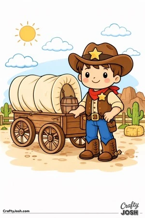 A friendly young sheriff proudly stands beside a trusty western wagon, ready for a day of adventure.