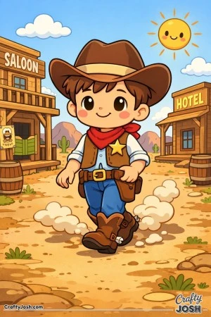 A brave young sheriff strolls through a dusty western town, boots kicking up little clouds as he goes.
