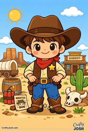 Meet a brave little sheriff ready to keep the Wild West in order, hands on his belt and a big smile on his face.