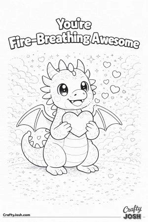 This Valentine’s Day coloring page features a friendly cartoon dragon holding a heart and breathing little hearts instead of fire, paired with the ..
