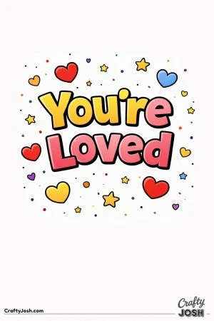 This comforting Valentine’s Day coloring page features the uplifting message “You’re Loved” surrounded by hearts and stars.
