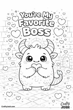 This fun Valentine’s Day coloring page features a cute boss monster holding a heart in a cozy dungeon setting with the message “You’re My ..