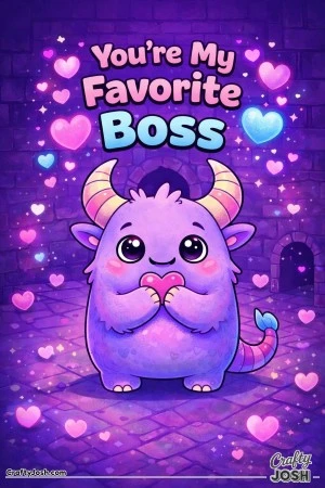 This fun Valentine’s Day coloring page features a cute boss monster holding a heart in a cozy dungeon setting with the message “You’re My ..