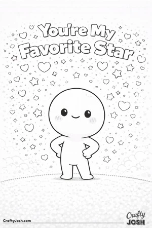 This sweet Valentine’s Day coloring page features a happy, chibi-style character surrounded by falling hearts and stars with the message ..