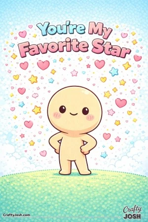 This sweet Valentine’s Day coloring page features a happy, chibi-style character surrounded by falling hearts and stars with the message ..