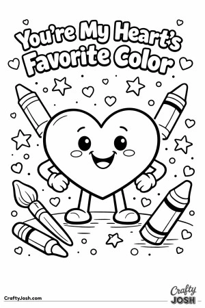 This fun Valentine’s Day coloring page features a smiling heart character surrounded by creative art supplies and a sweet message