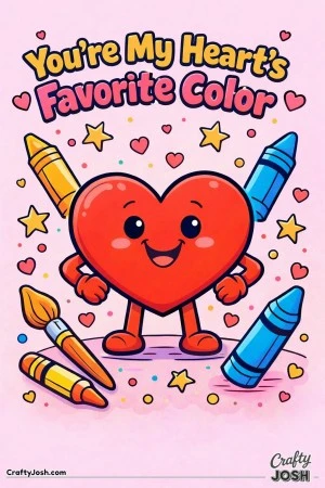 This fun Valentine’s Day coloring page features a smiling heart character surrounded by creative art supplies and a sweet message