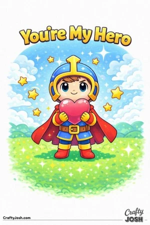 This Valentine’s Day coloring page features a small game-style hero holding a heart like a prize, surrounded by stars and clouds, with the phrase ..