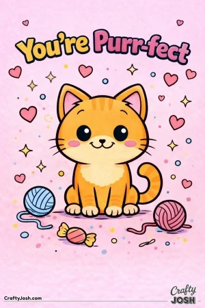 This adorable Valentine’s Day coloring page features a cute kitten with yarn and hearts alongside a playful “You’re Purr-fect” message.