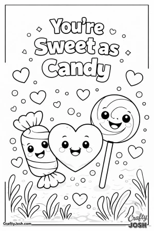 This fun Valentine’s Day coloring page features smiling candy characters and the playful phrase “You’re Sweet as Candy.”