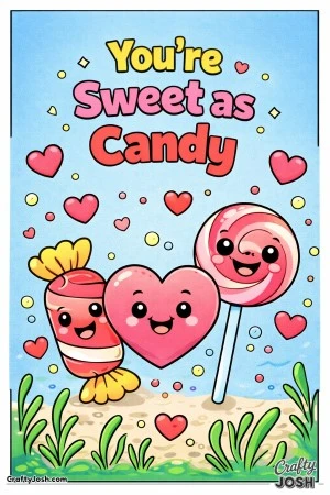 This fun Valentine’s Day coloring page features smiling candy characters and the playful phrase “You’re Sweet as Candy.”