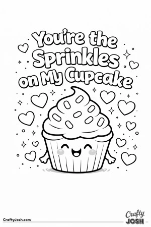 This adorable Valentine’s Day coloring page features a happy cupcake surrounded by hearts, stars, and sprinkles with the phrase “You’re the ..