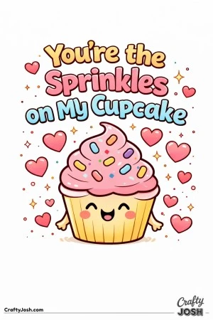 This adorable Valentine’s Day coloring page features a happy cupcake surrounded by hearts, stars, and sprinkles with the phrase “You’re the ..