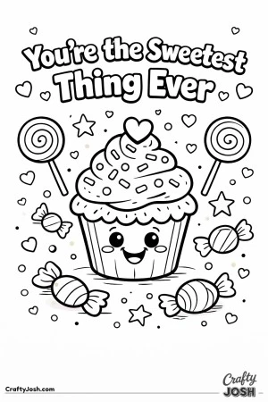 This sweet Valentine’s Day coloring page features a smiling cupcake surrounded by fun candies and a loving message