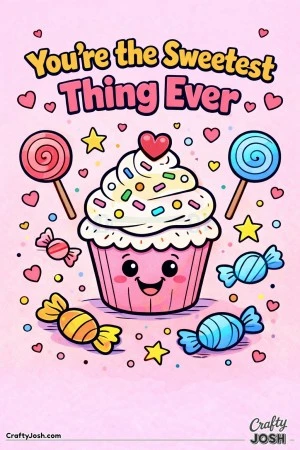 This sweet Valentine’s Day coloring page features a smiling cupcake surrounded by fun candies and a loving message