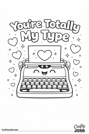 This sweet Valentine’s Day coloring page features a cheerful typewriter surrounded by hearts with the playful phrase “You’re Totally My Type.”