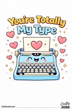 This sweet Valentine’s Day coloring page features a cheerful typewriter surrounded by hearts with the playful phrase “You’re Totally My Type.”