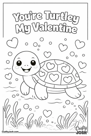 This adorable Valentine’s Day coloring page features a smiling cartoon turtle with a heart-filled shell and the phrase “You’re Turtley My ..