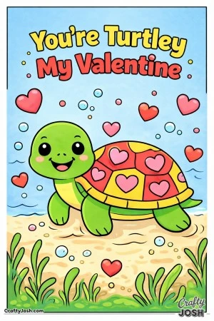 This adorable Valentine’s Day coloring page features a smiling cartoon turtle with a heart-filled shell and the phrase “You’re Turtley My ..