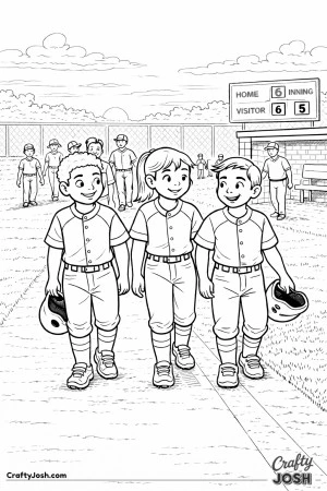 This coloring page shows a youth baseball team walking together off the field toward the dugout at the end of a game, smiling and carrying their ..