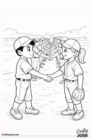 Two Little League teams form a long handshake line across the infield, with players smiling and showing good sportsmanship after the game