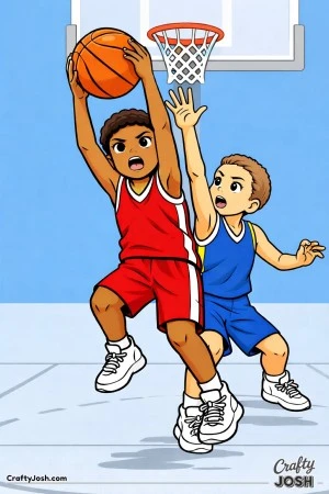 Two young basketball players leap into the air beneath the hoop as they compete for a rebound during play on an indoor court