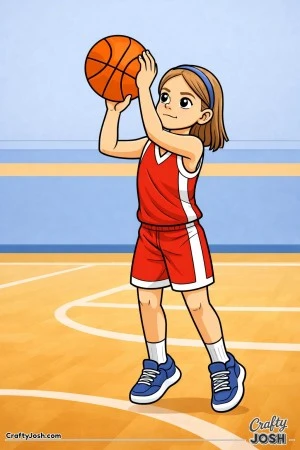 A young basketball player catches the ball and smoothly rises into a calm, controlled shooting motion inside a gym