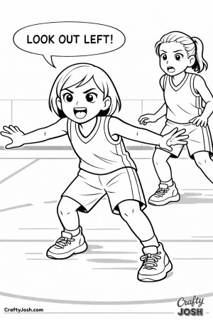 A young basketball player spreads her arms in a strong defensive stance while calling out to a teammate adjusting position behind her on the court