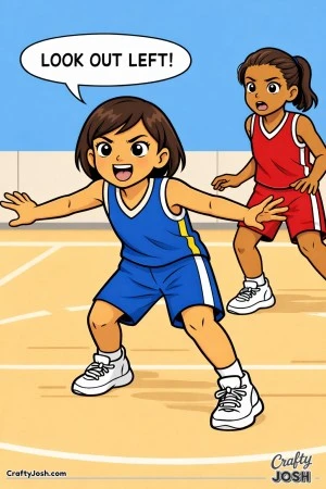 A young basketball player spreads her arms in a strong defensive stance while calling out to a teammate adjusting position behind her on the court