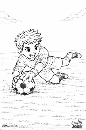 A young soccer goalkeeper drops quickly to the ground to secure a low shot, trapping the ball safely under his glove