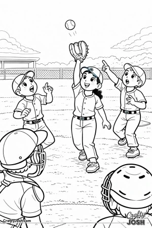 Multiple young baseball infielders gather beneath a high pop-up as one player raises a glove to make the catch while teammates call out nearby